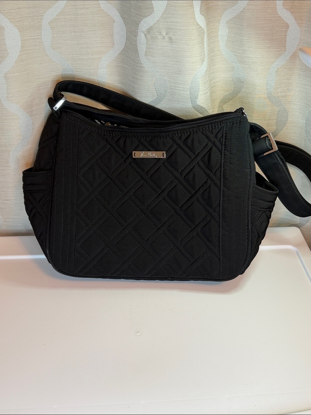 Vera Bradley Black Quilted Shoulder Bag Diamond Stitching Side Pockets